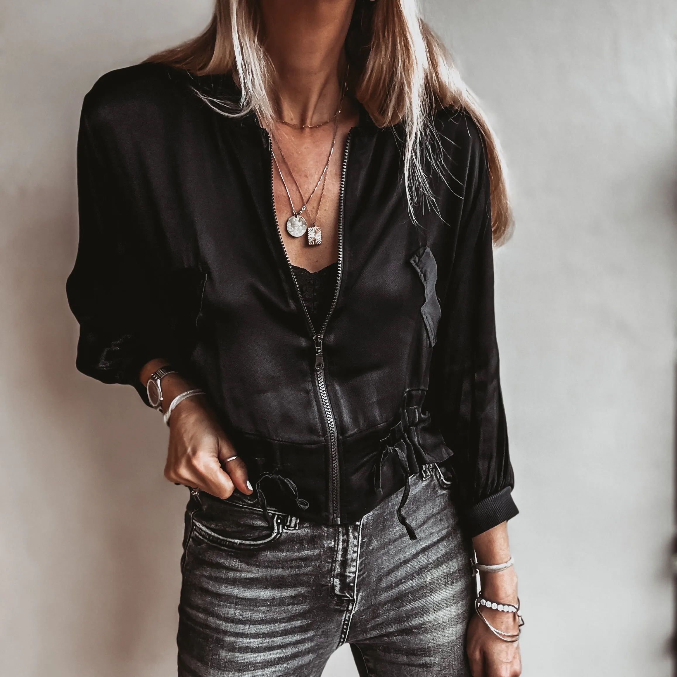 BLACK Satin bomber top