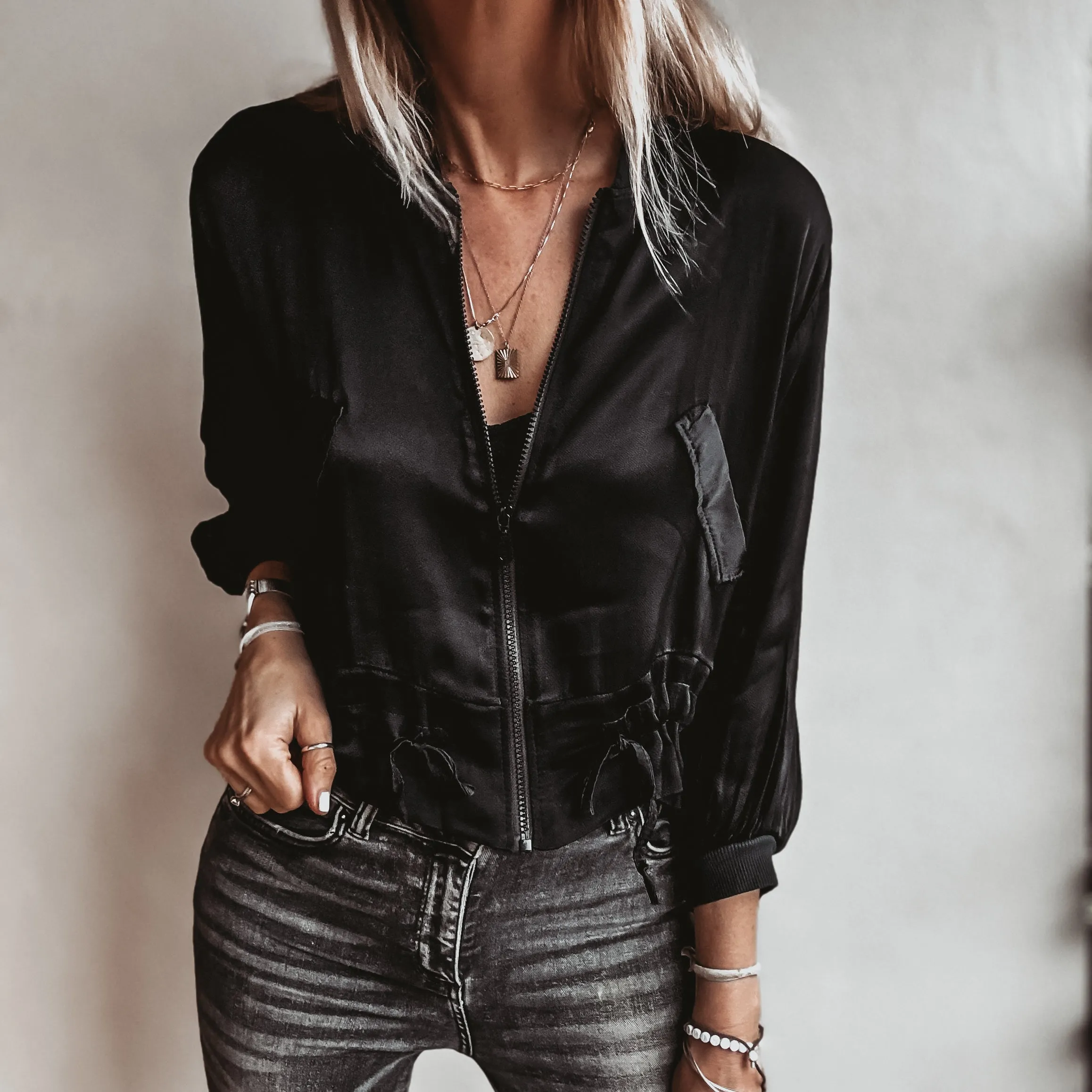 BLACK Satin bomber top