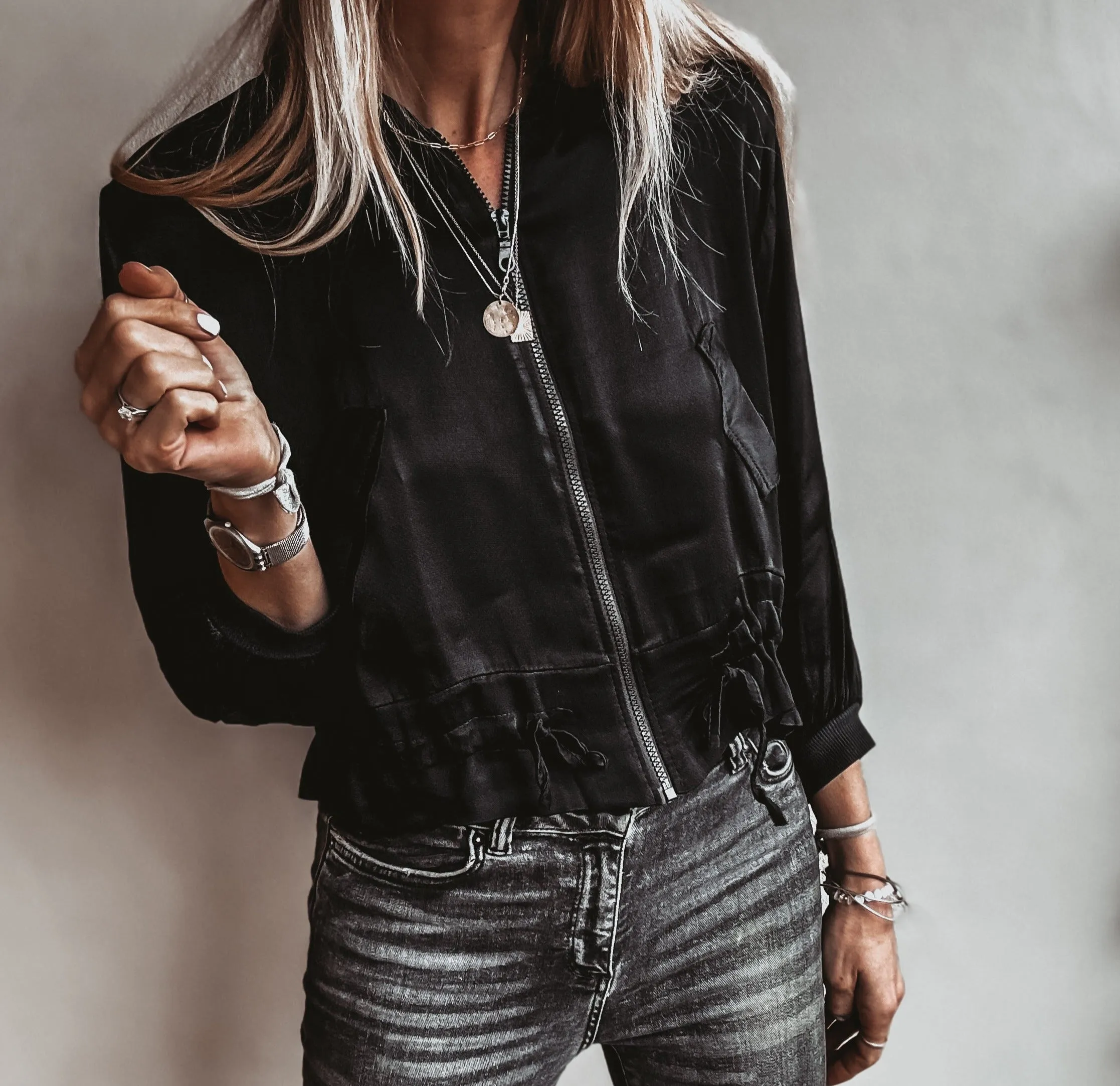 BLACK Satin bomber top