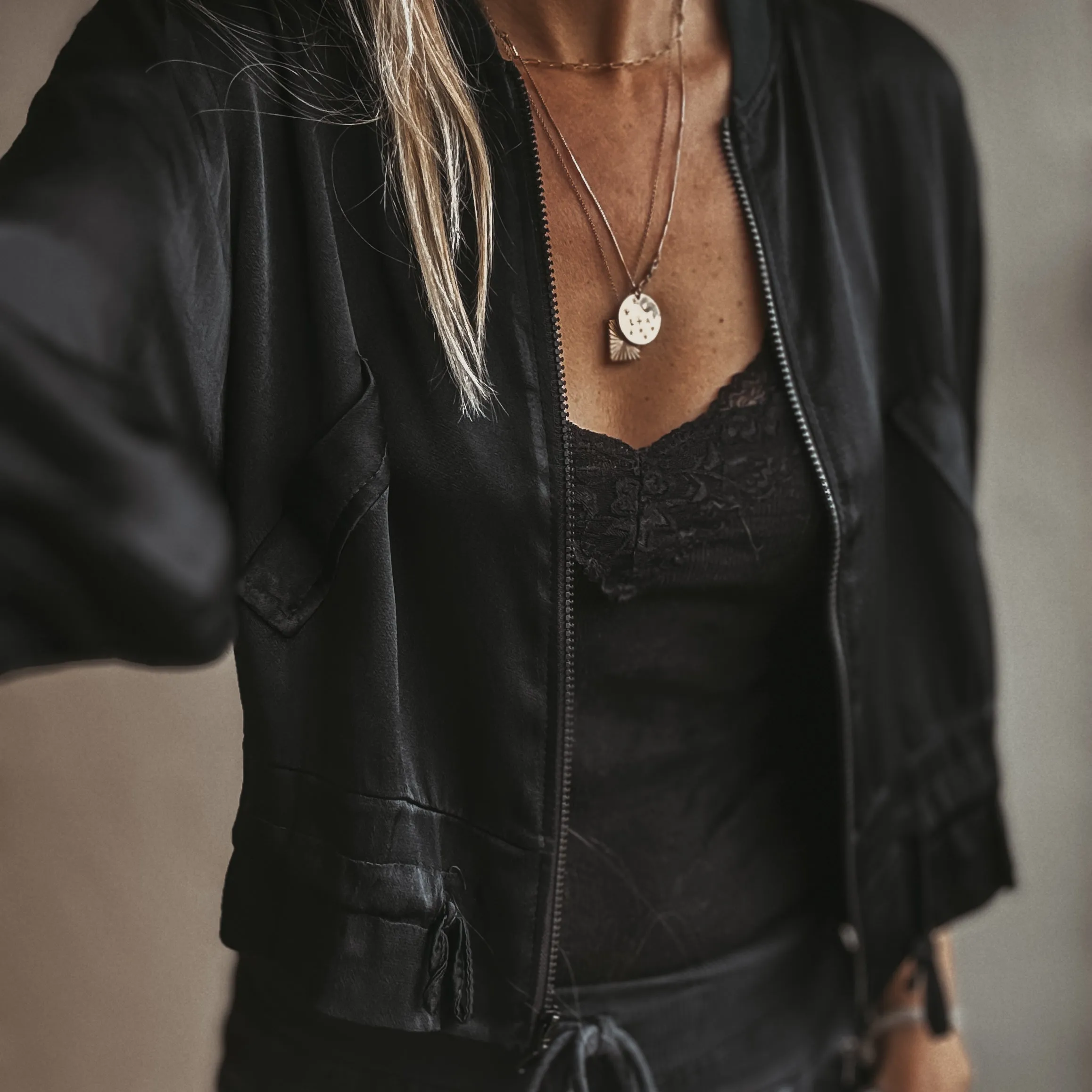 BLACK Satin bomber top