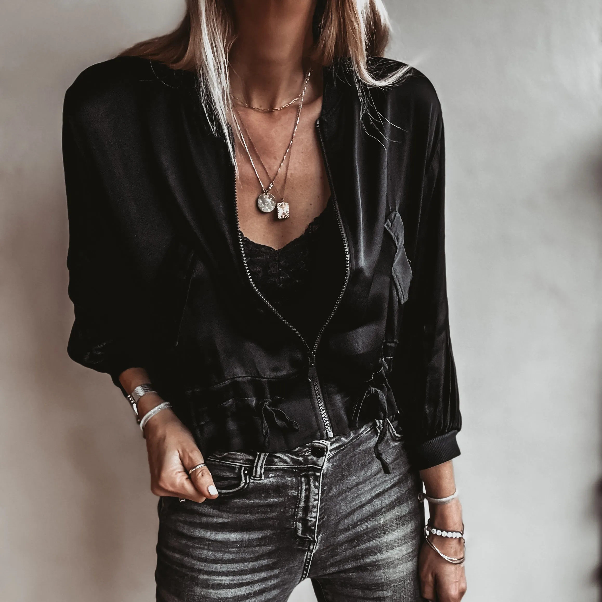 BLACK Satin bomber top