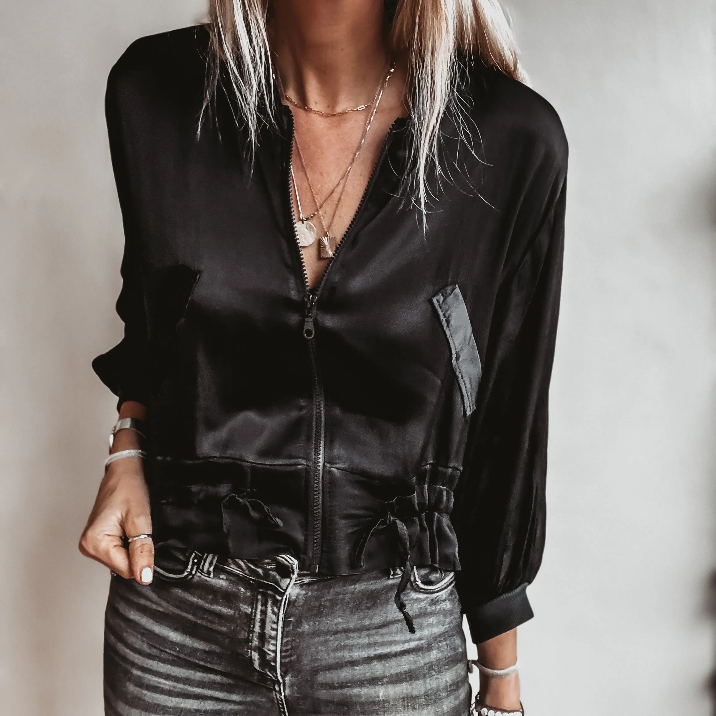 BLACK Satin bomber top