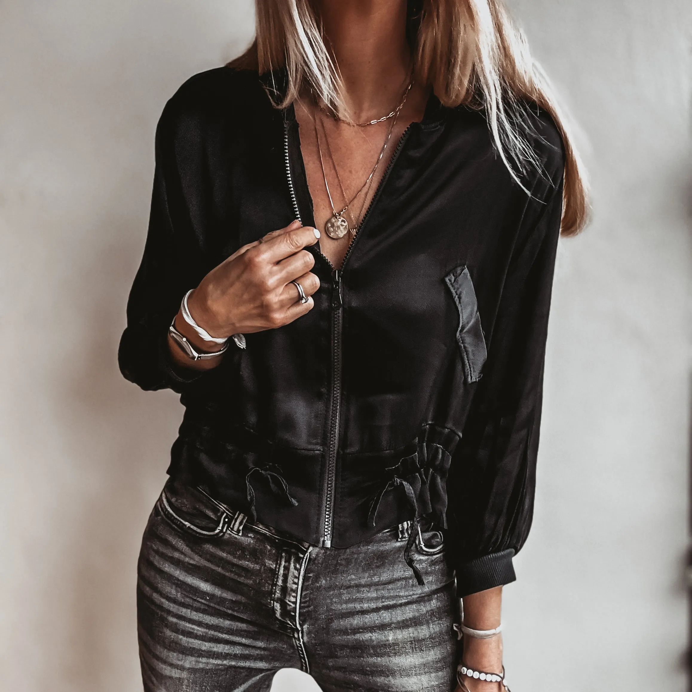 BLACK Satin bomber top