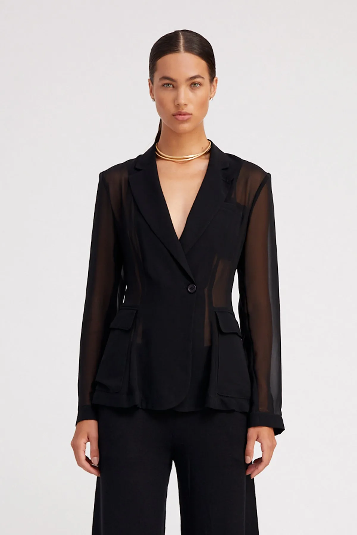 Black Silk Chiffon Fitted Blazer