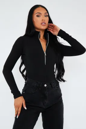 Black Zip Up Front Bodysuit - Graylyn