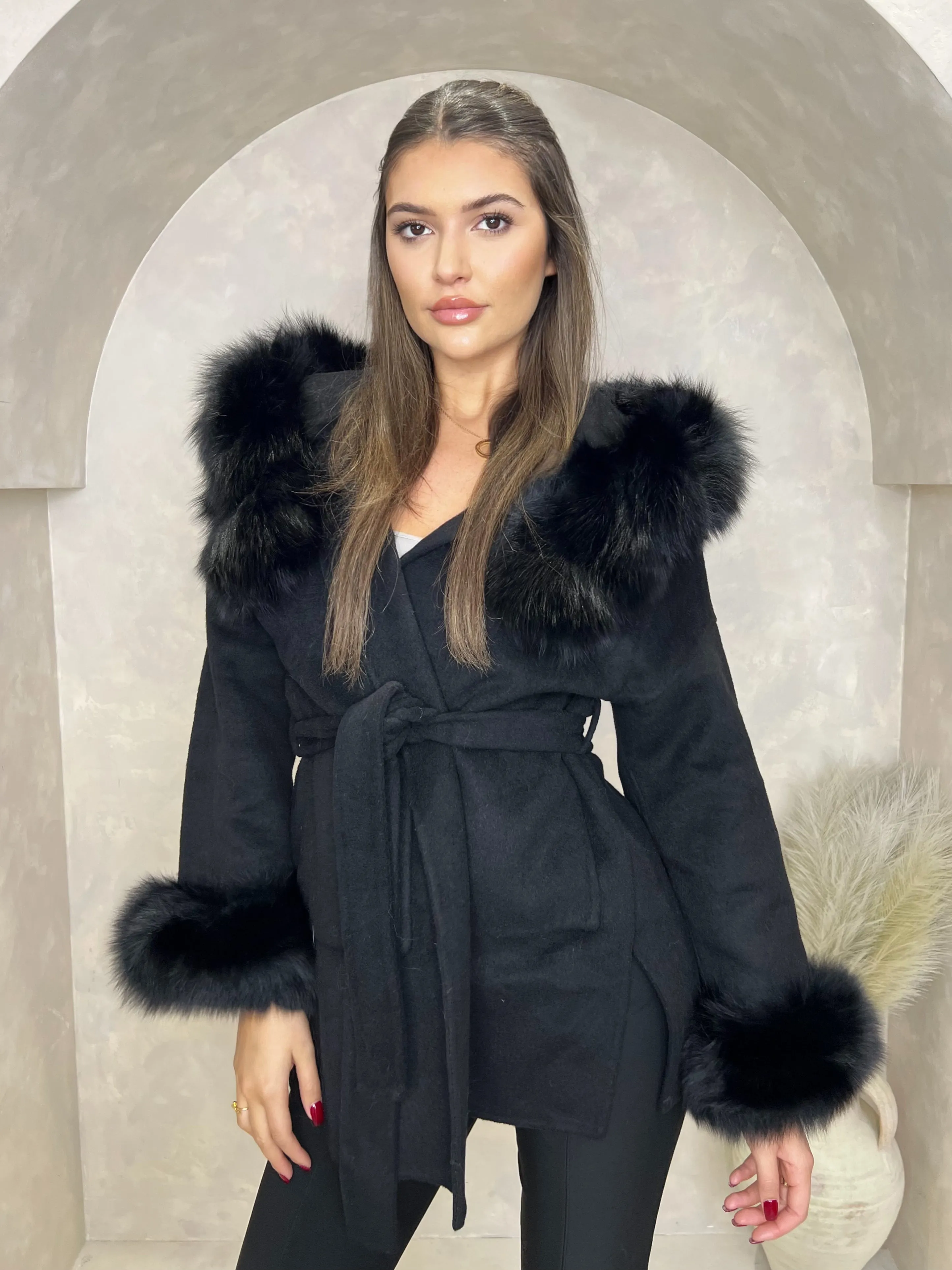 Black/Black Cashmere Coat With Fox Fur Trim