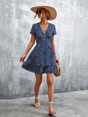 Boho V Neck Floral Mini A-Line Dress for Summer Party