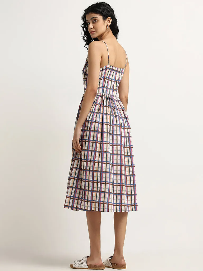 Bombay Paisley Multicolour Checkered A-Line Cotton Dress