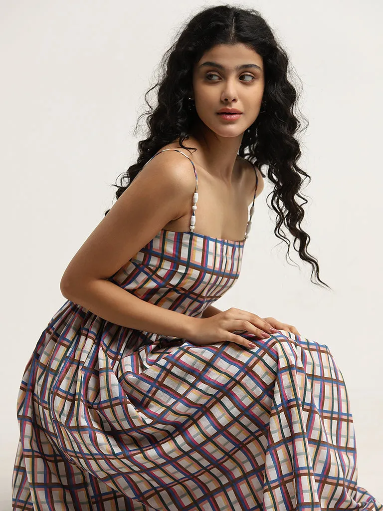 Bombay Paisley Multicolour Checkered A-Line Cotton Dress