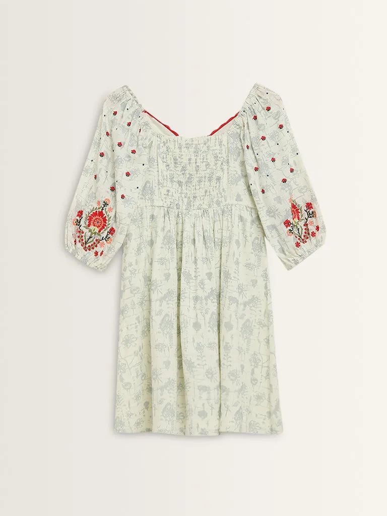 Bombay Paisley Off-White Embroidered A-Line Cotton Dress