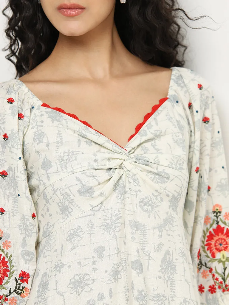 Bombay Paisley Off-White Embroidered A-Line Cotton Dress