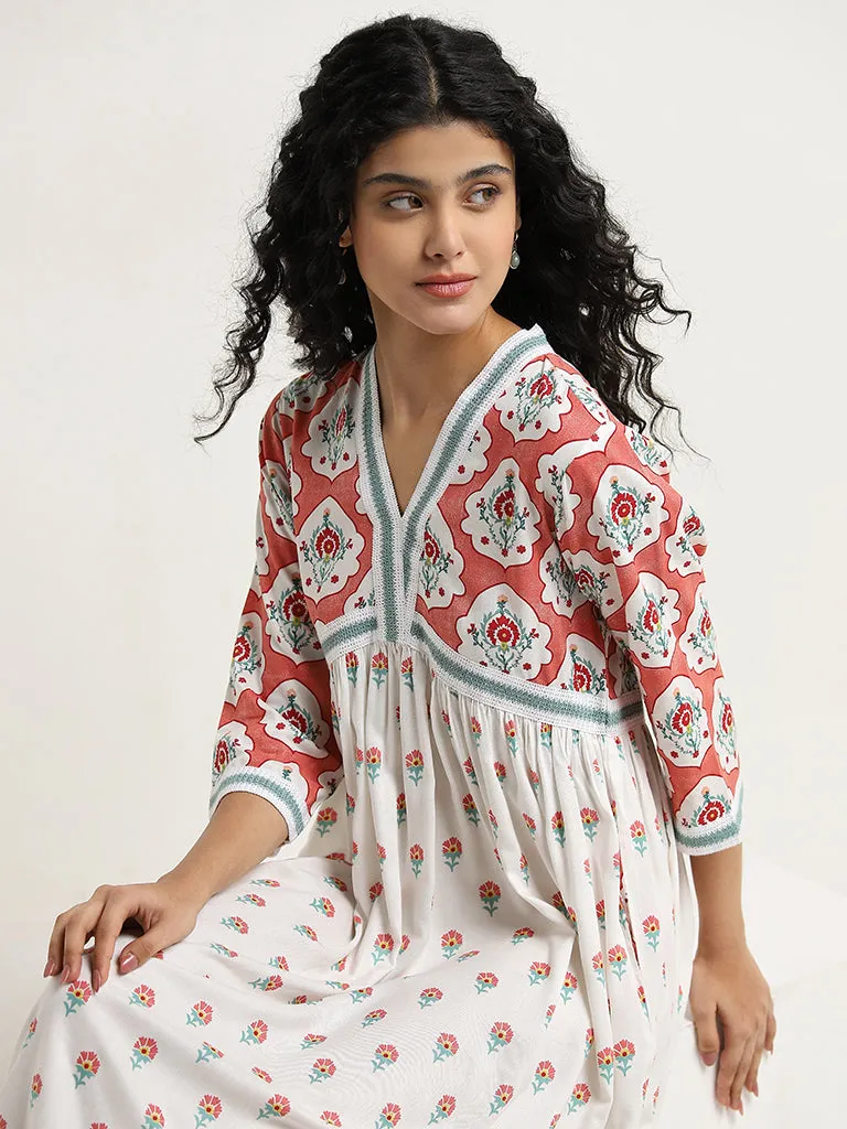 Bombay Paisley White Floral Design A-Line Dress