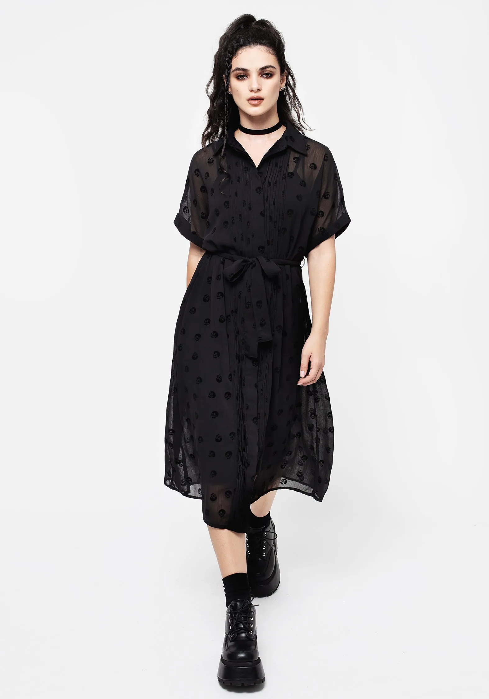 Bones Flocked Pintuck Chiffon Midi Shirt Dress