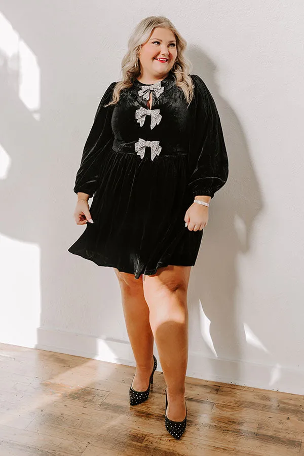 Bows And Kisses Velvet Mini Dress in Black Curves