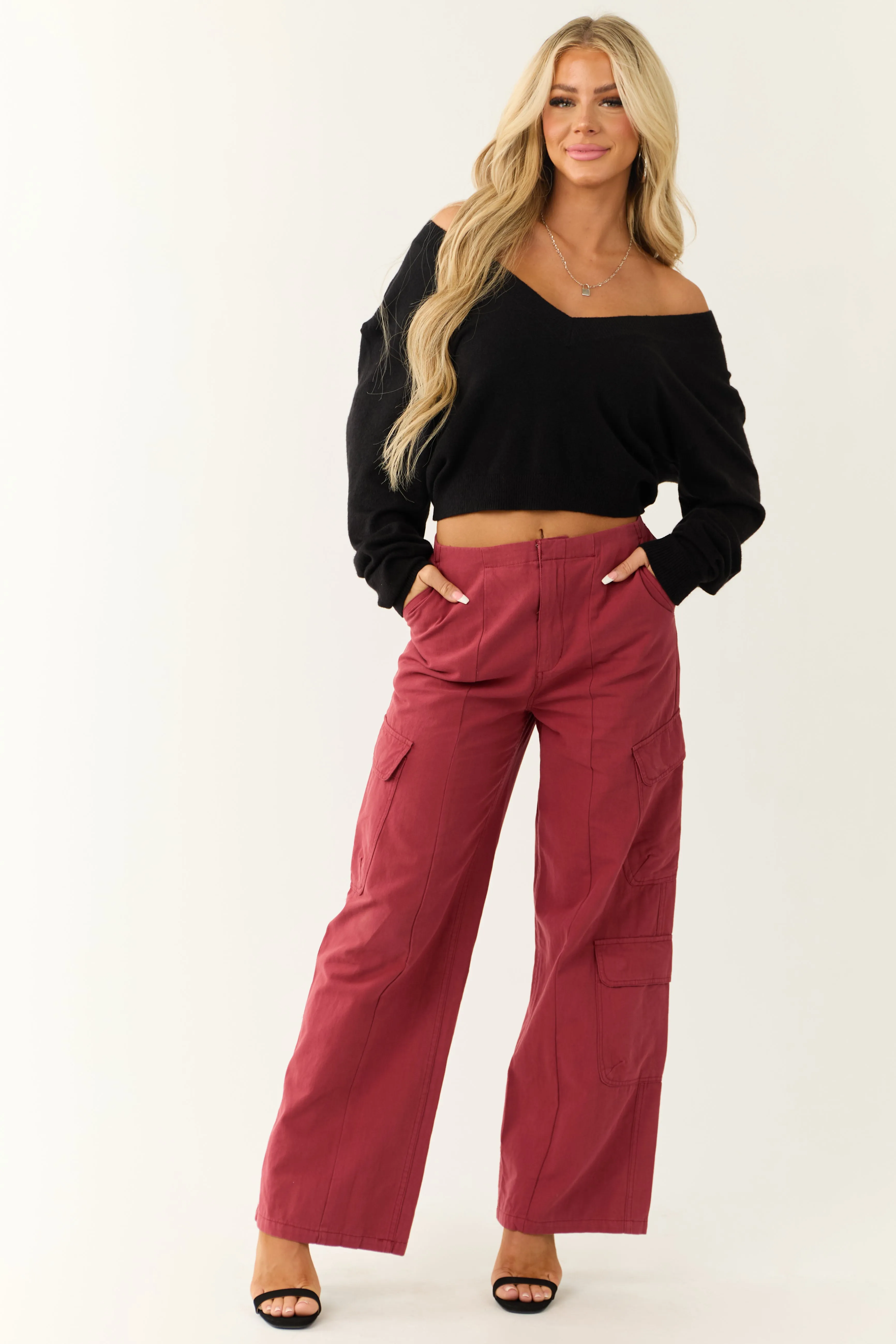 Brick Mid Rise Wide Leg Cargo Pants