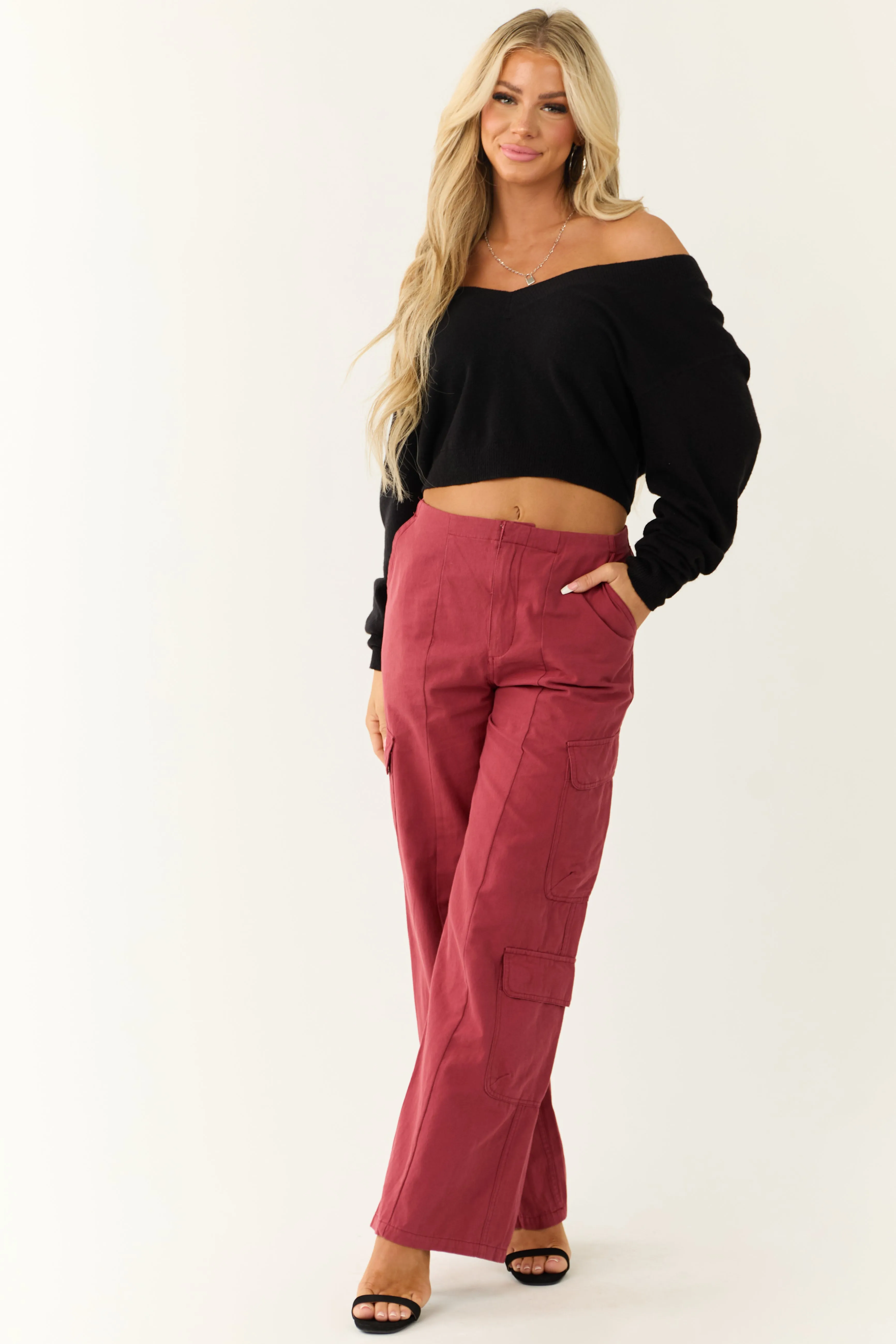 Brick Mid Rise Wide Leg Cargo Pants