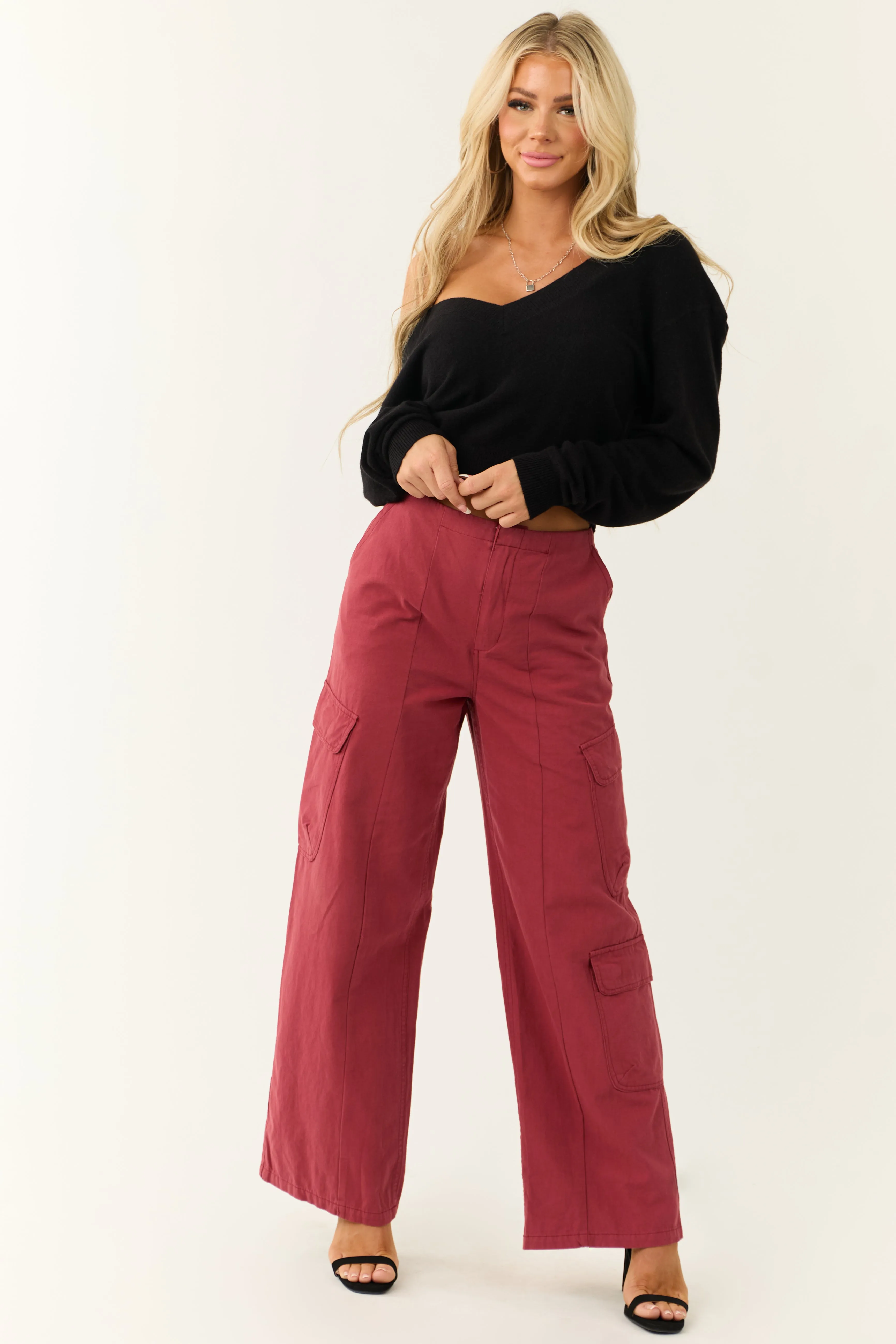 Brick Mid Rise Wide Leg Cargo Pants