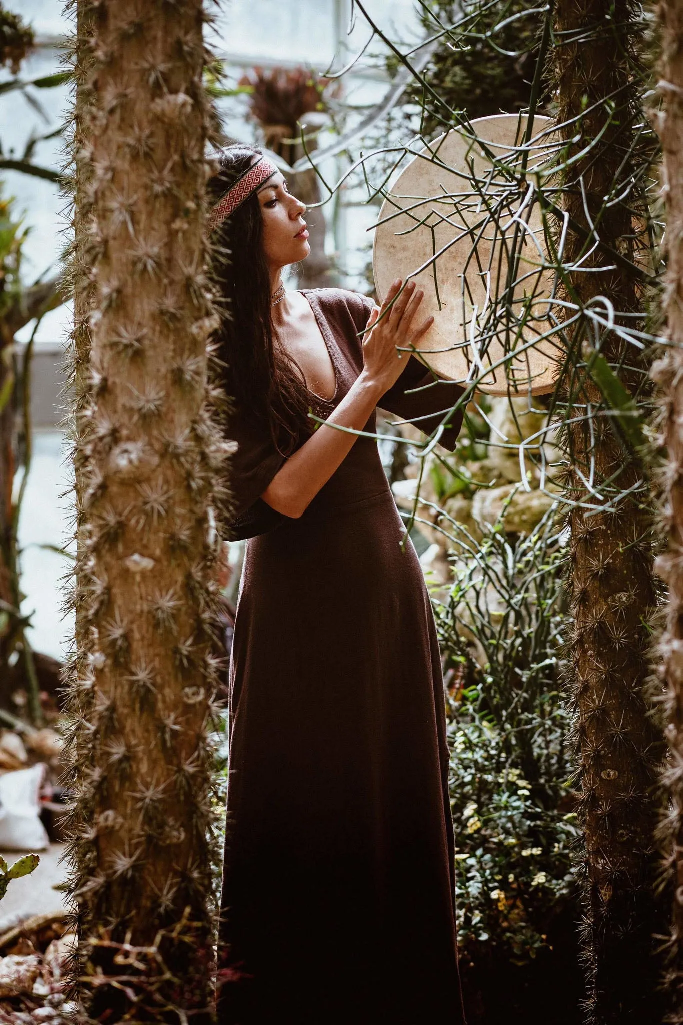 Brown Organic Cotton Boho Dress with Half Sleeves