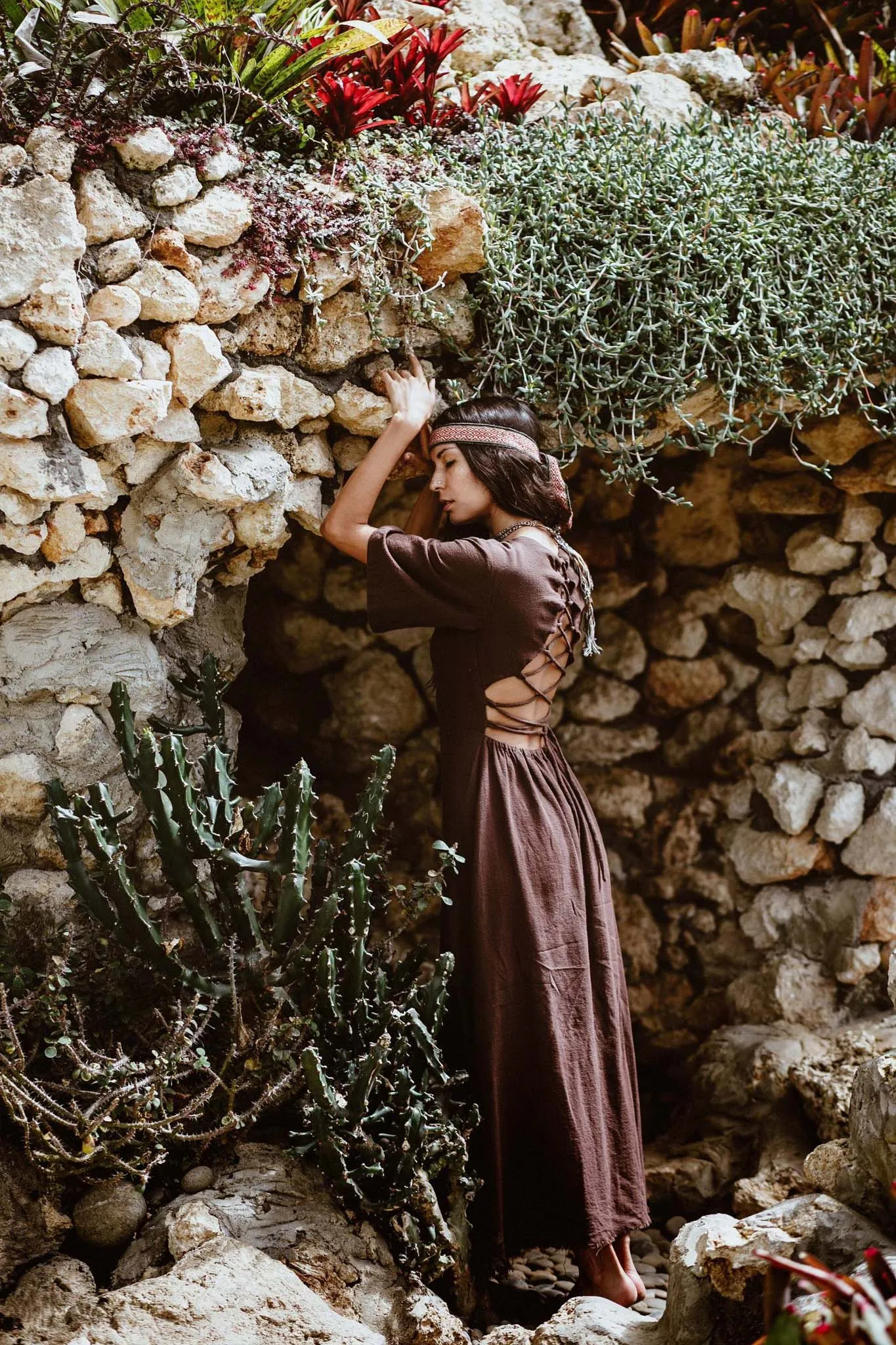 Brown Organic Cotton Boho Dress with Half Sleeves