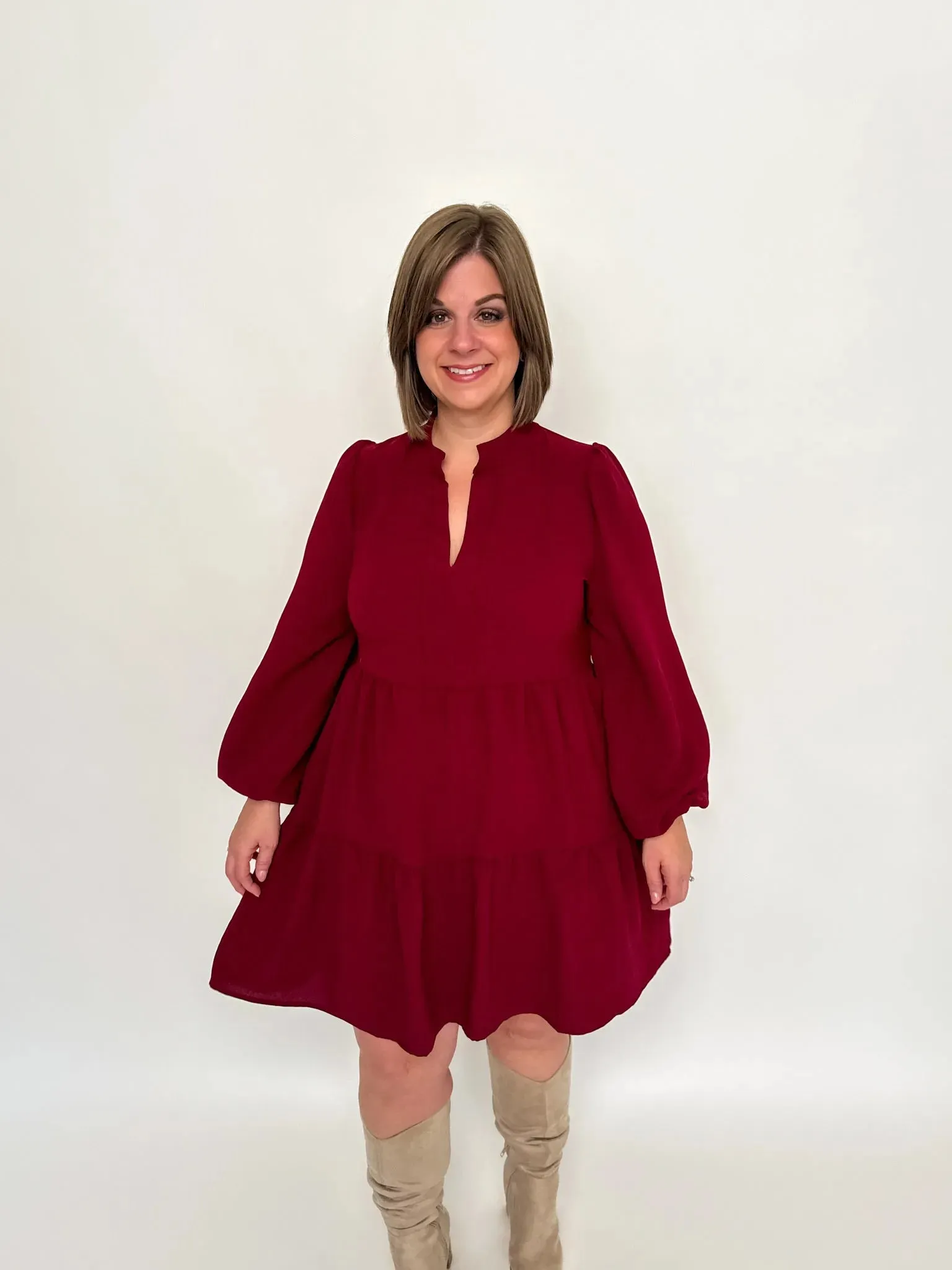 Burgundy Long Sleeve Babydoll Dress