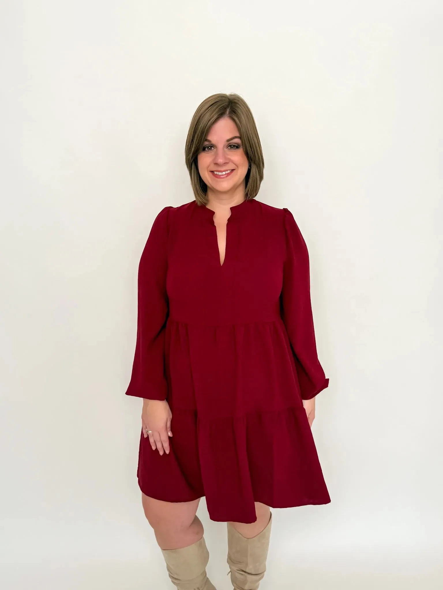 Burgundy Long Sleeve Babydoll Dress