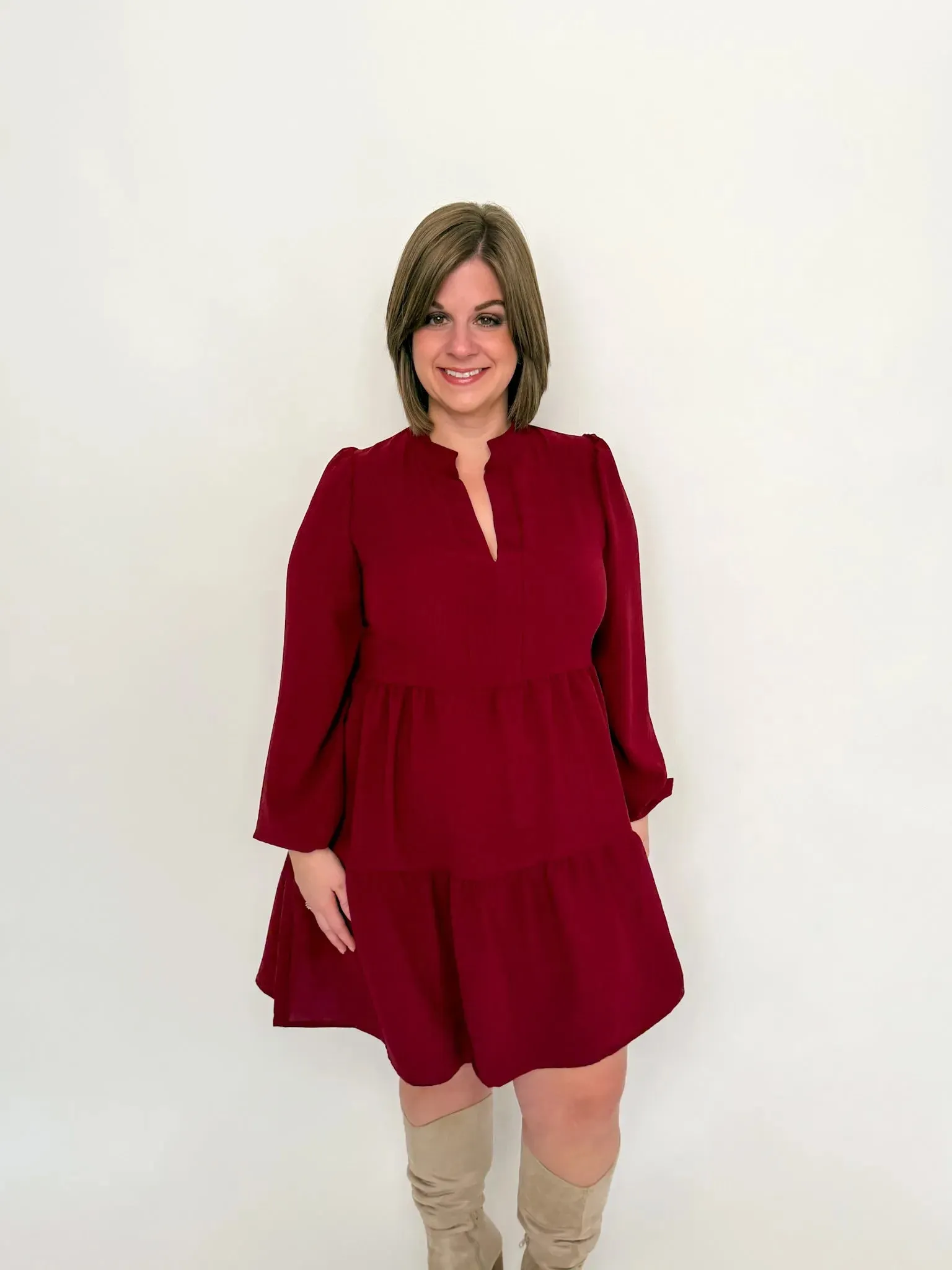 Burgundy Long Sleeve Babydoll Dress