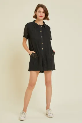 Button down crochet romper with pockets