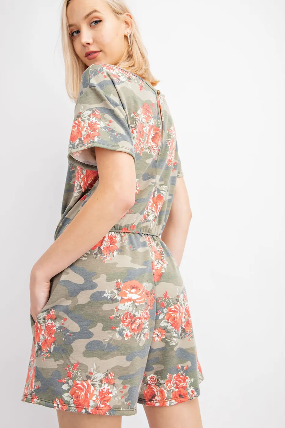 Camo floral print side pocket romper