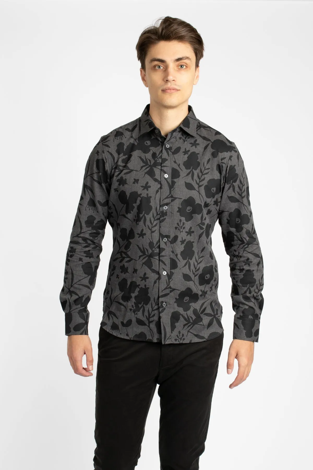 Charcoal Abstract Floral Cotton Flannel Shirt