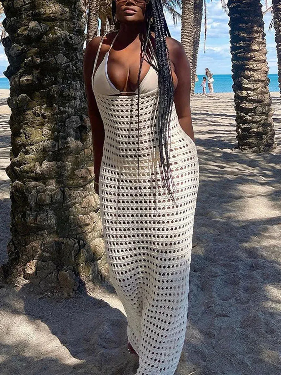 Checkerboard Print Maxi Spaghetti Strap Low-Cut Backless Bodycon Long Party Summer Casual Knit Dress