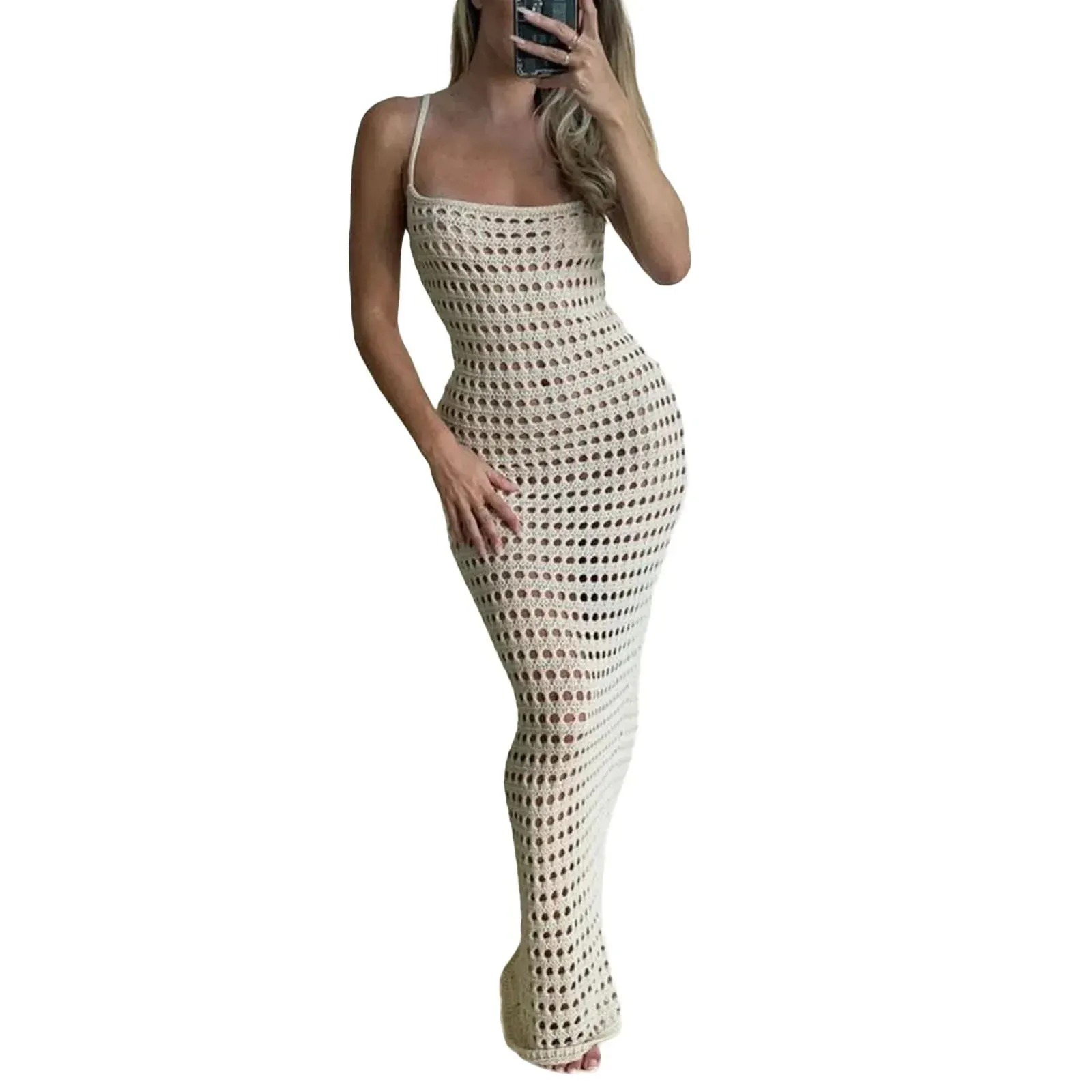 Checkerboard Print Maxi Spaghetti Strap Low-Cut Backless Bodycon Long Party Summer Casual Knit Dress