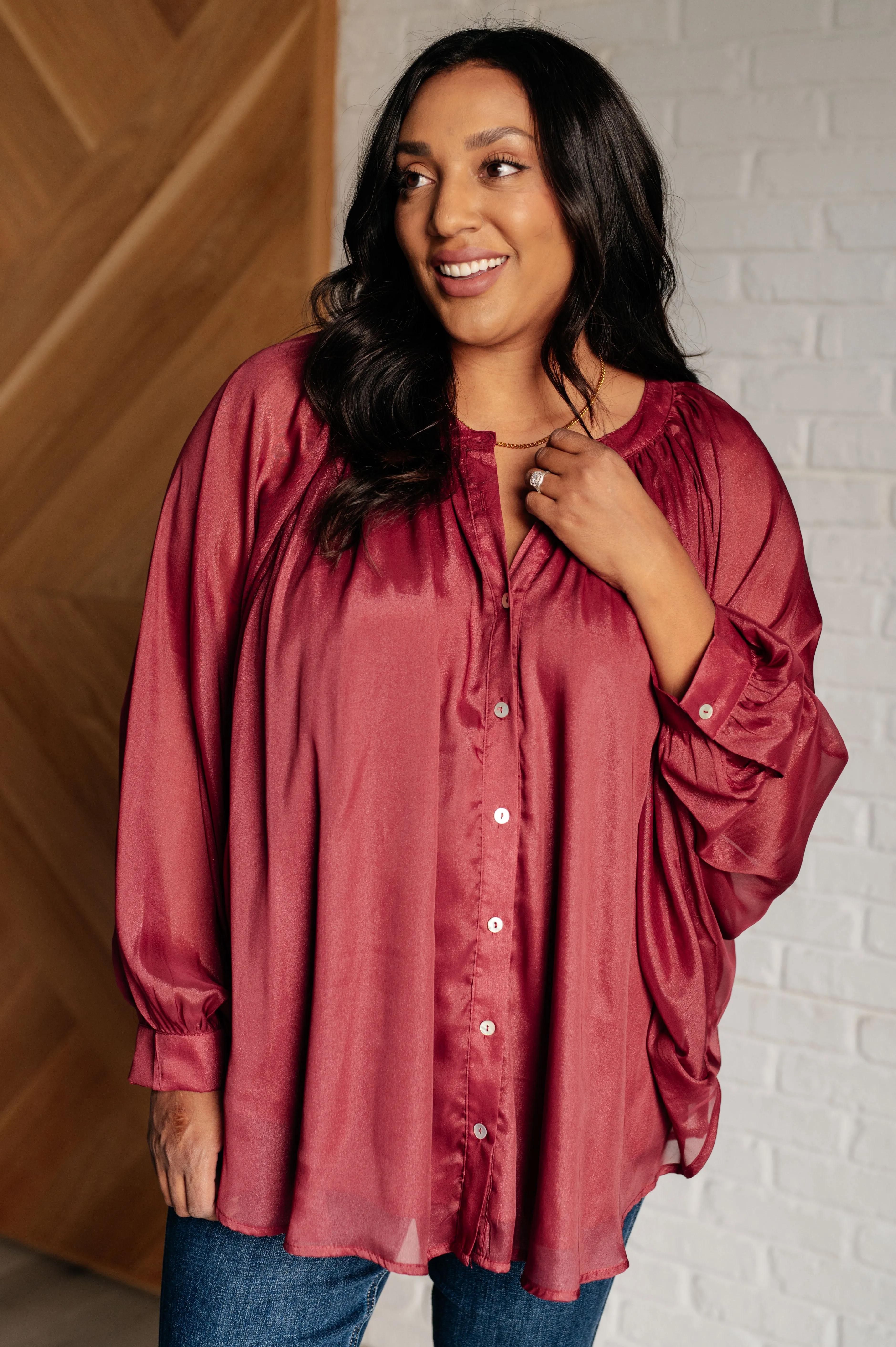 Chiffon Bat Sleeve Button Down Top