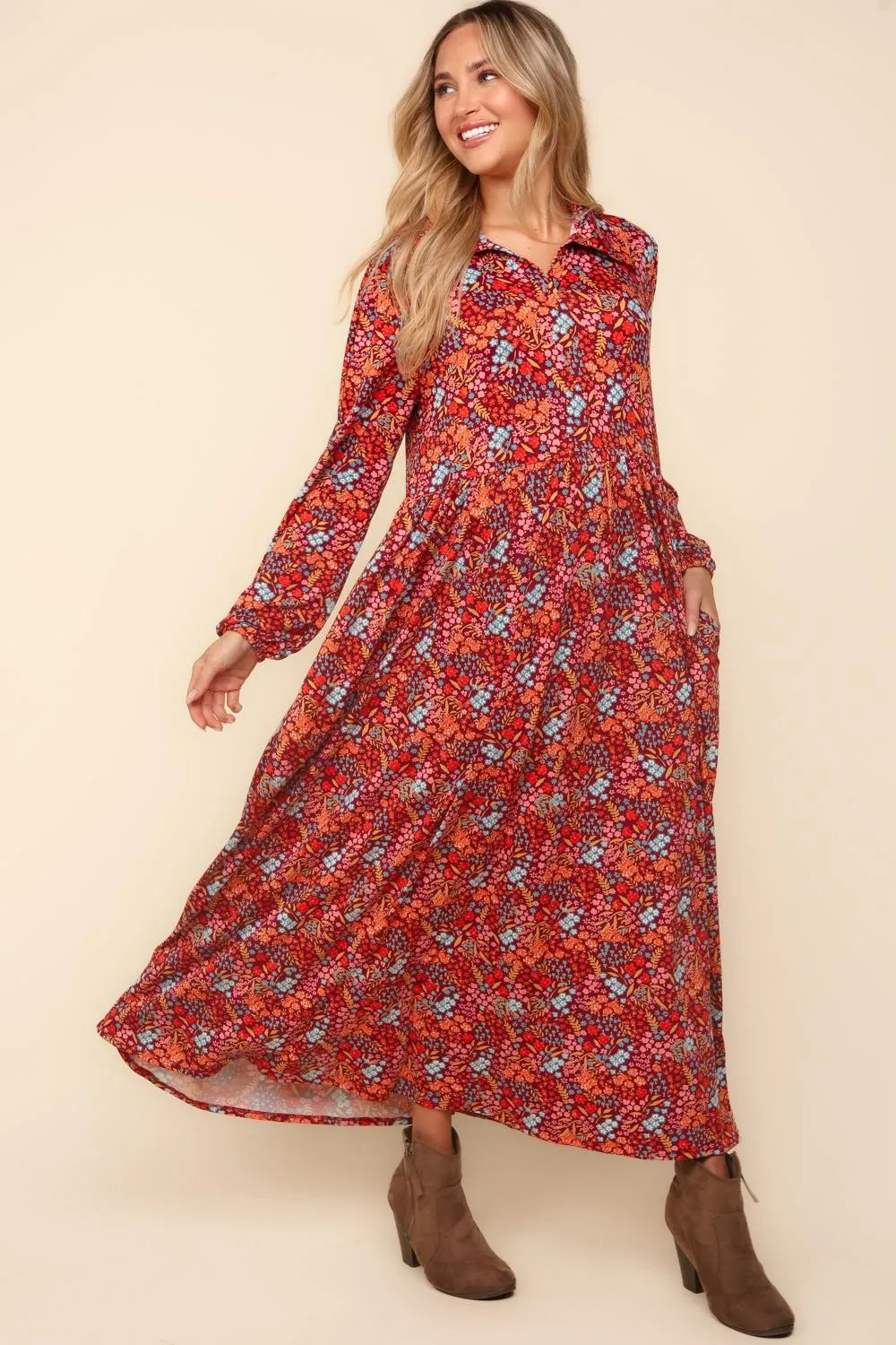 Collared Floral Maxi Dress - Burgundy