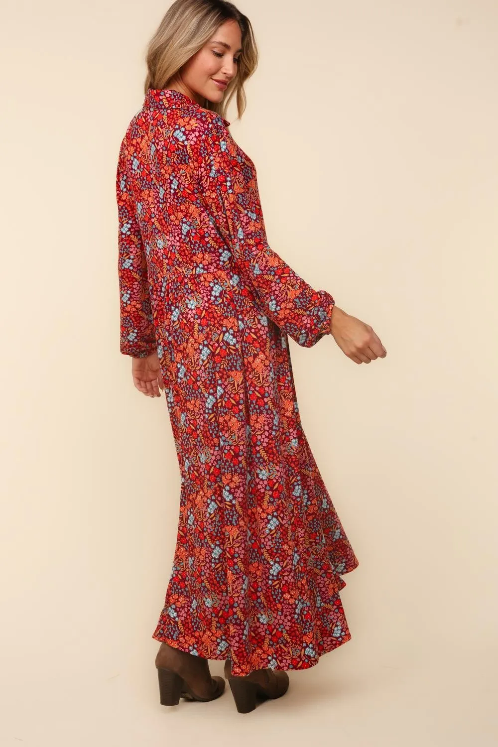 Collared Floral Maxi Dress - Burgundy