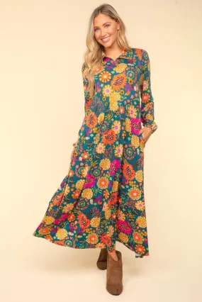 Collared Floral Maxi Dress - Teal