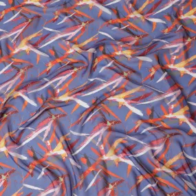 Contemporary Blue Synthetic Chiffon Fabric with Red and Orange Abstract Strokes, 140 cm Wide-D19113