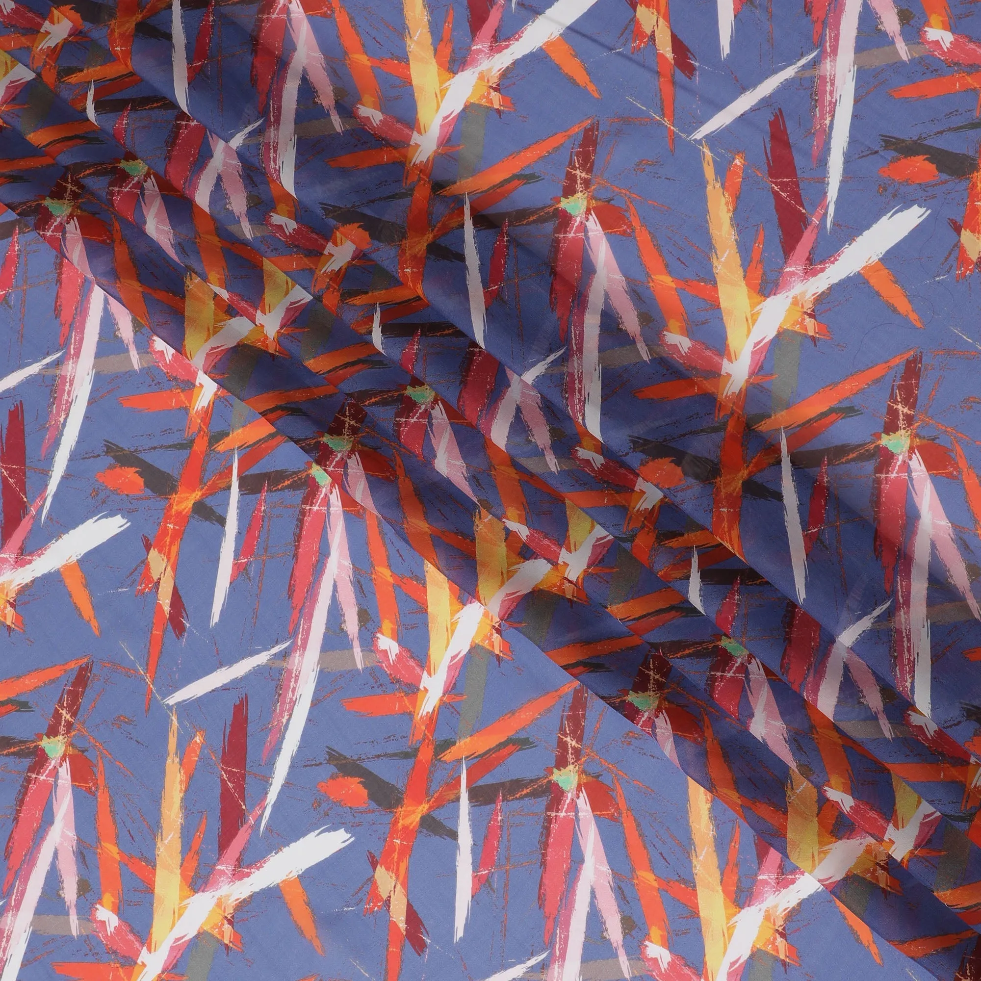 Contemporary Blue Synthetic Chiffon Fabric with Red and Orange Abstract Strokes, 140 cm Wide-D19113