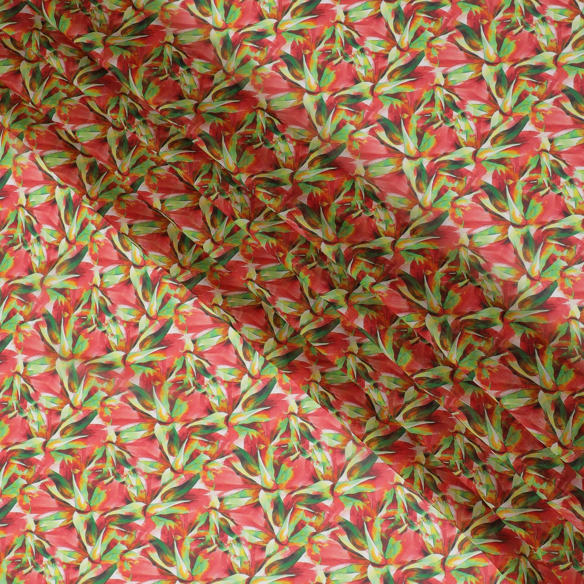 Coral Pink Synthetic Chiffon Fabric with Green and Yellow Leaf Print, 140 cm Wide-D19119