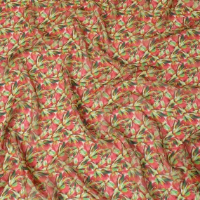 Coral Pink Synthetic Chiffon Fabric with Green and Yellow Leaf Print, 140 cm Wide-D19119