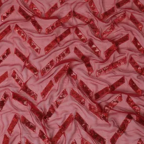 Crimson red premium pure silk chiffon fabric with same tone sequins embroidery in geometric design-D13624