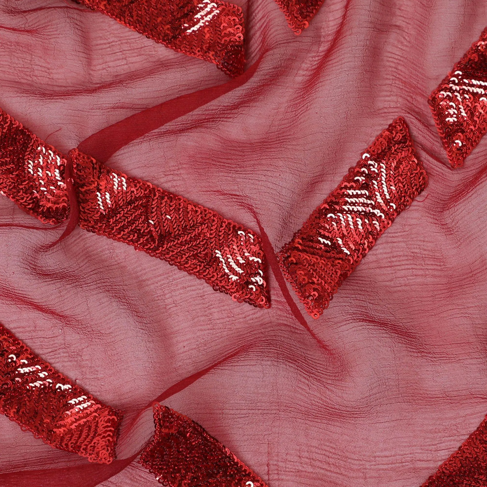 Crimson red premium pure silk chiffon fabric with same tone sequins embroidery in geometric design-D13624