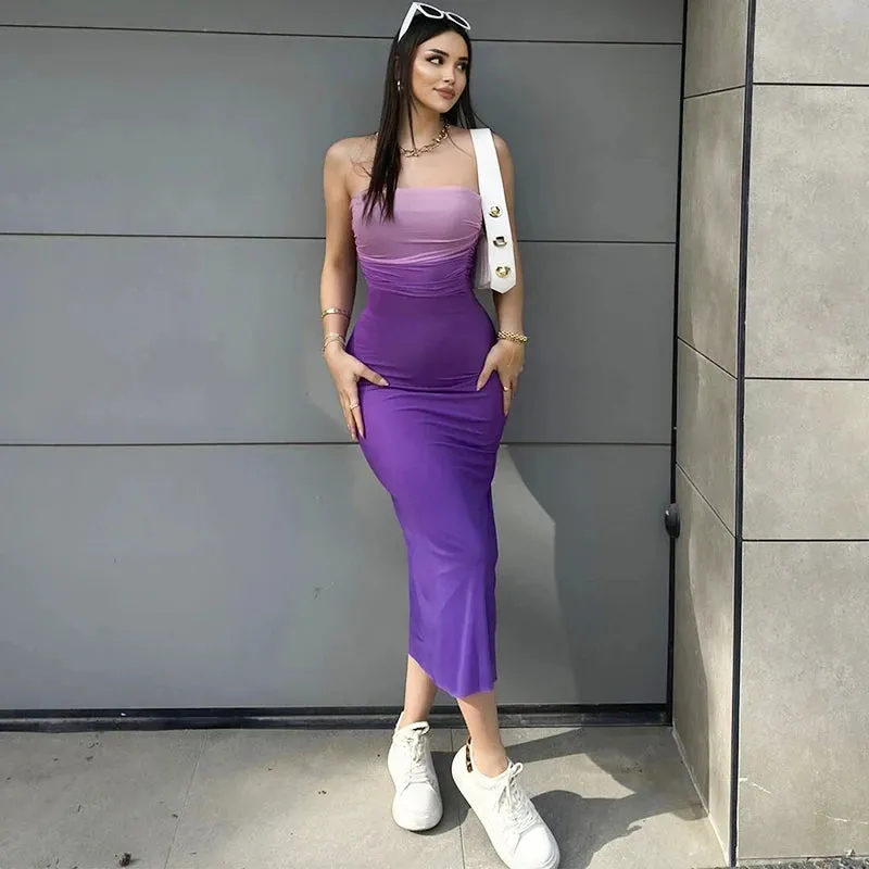 CUTENOVA Gradient Strapless Backless Sexy Long Dress Fashion Women Sleeveless Off Shoulder Bodycon Club Party Dresses Summer 202