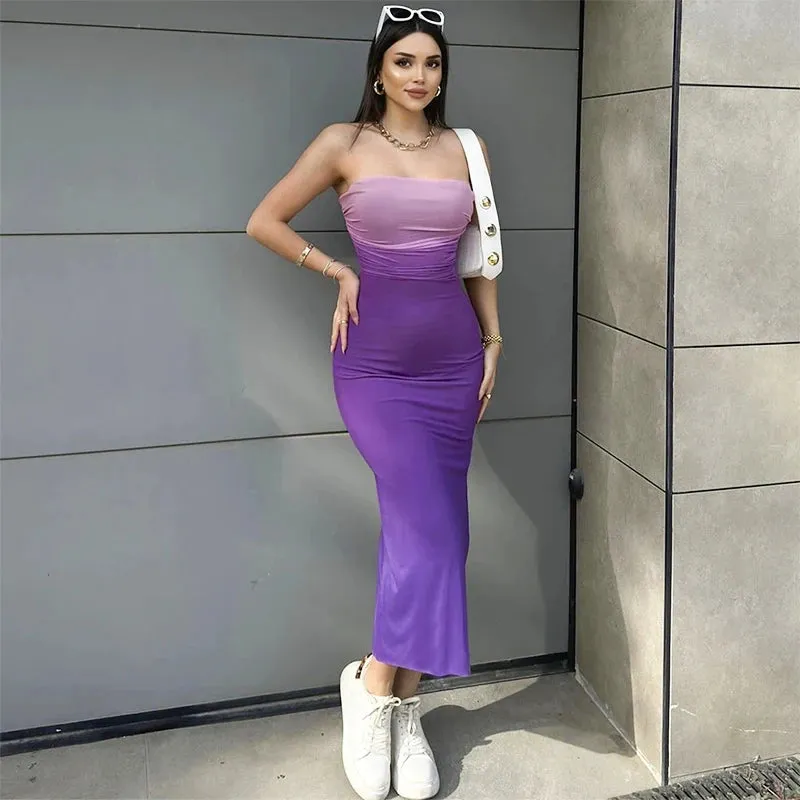 CUTENOVA Gradient Strapless Backless Sexy Long Dress Fashion Women Sleeveless Off Shoulder Bodycon Club Party Dresses Summer 202