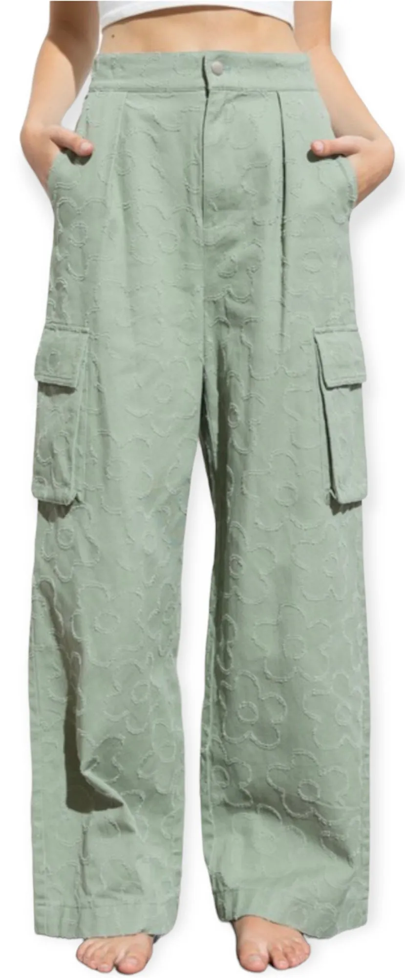 Daisy Embroidered Cargo Pants- Olive