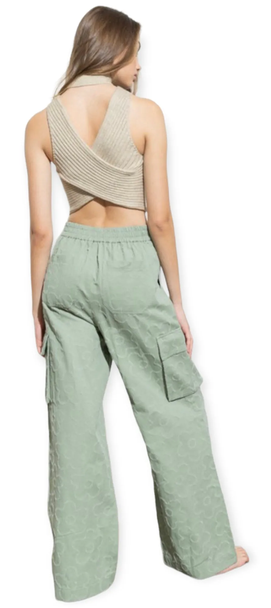 Daisy Embroidered Cargo Pants- Olive