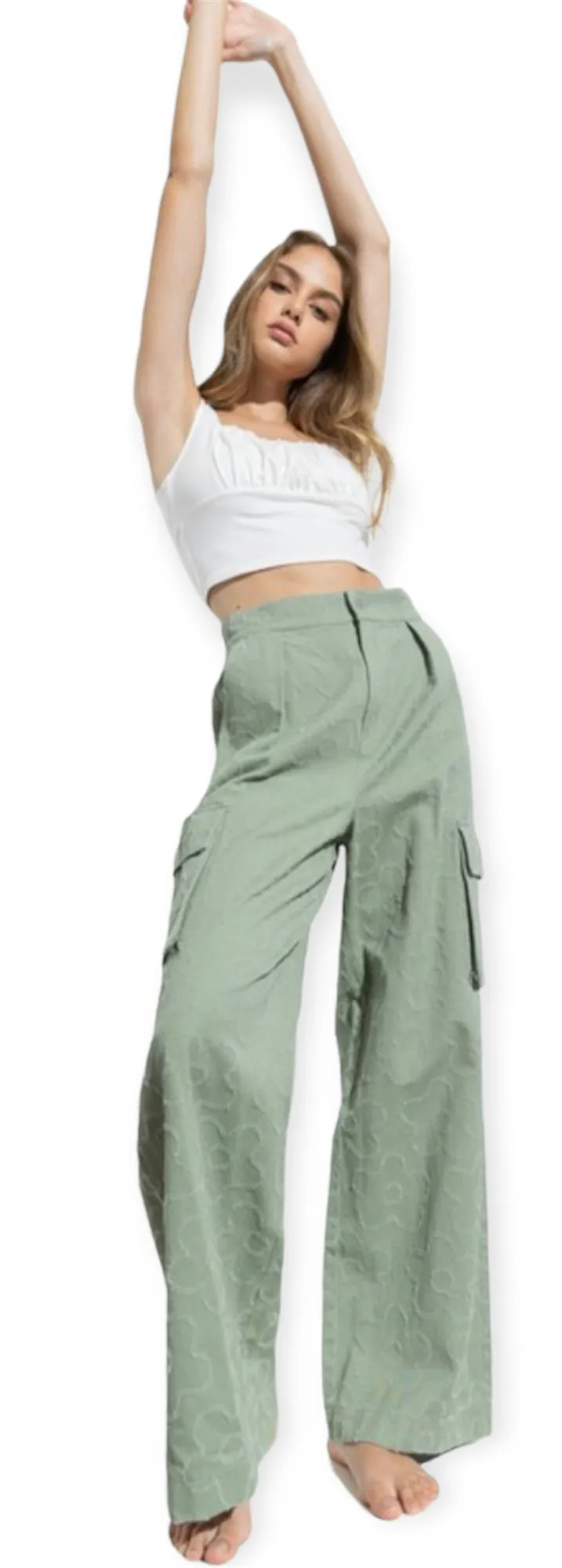 Daisy Embroidered Cargo Pants- Olive