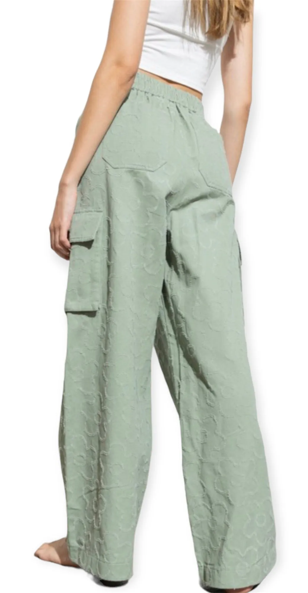 Daisy Embroidered Cargo Pants- Olive