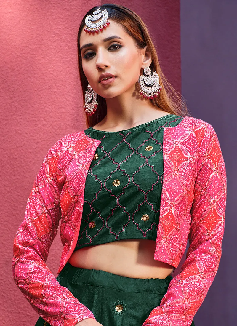 Dark Green Sequence Embroidery Jacket Style Lehenga Choli