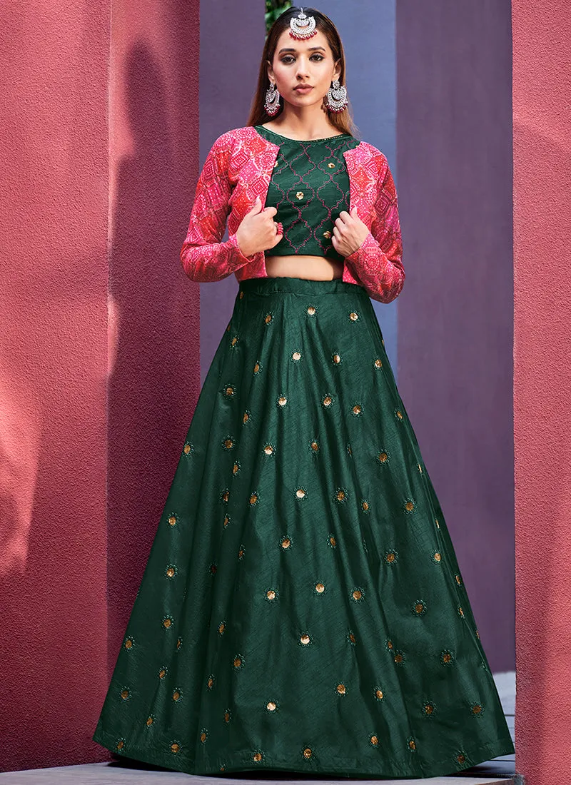 Dark Green Sequence Embroidery Jacket Style Lehenga Choli