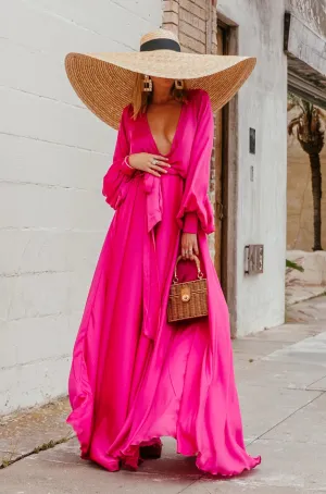 Deep-V Satin Maxi Dress - Fuchsia